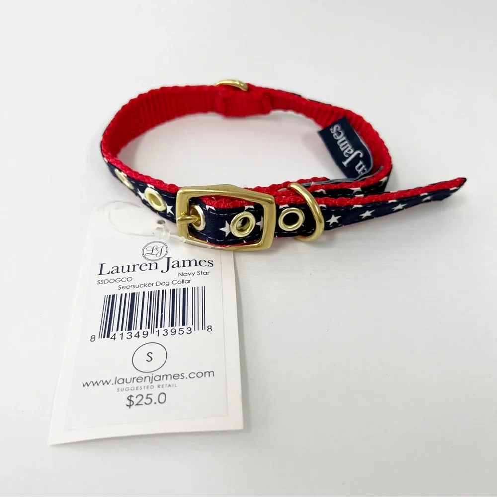 Lauren‎ James Seersucker Dog Collar Navy Star Small Patriotic